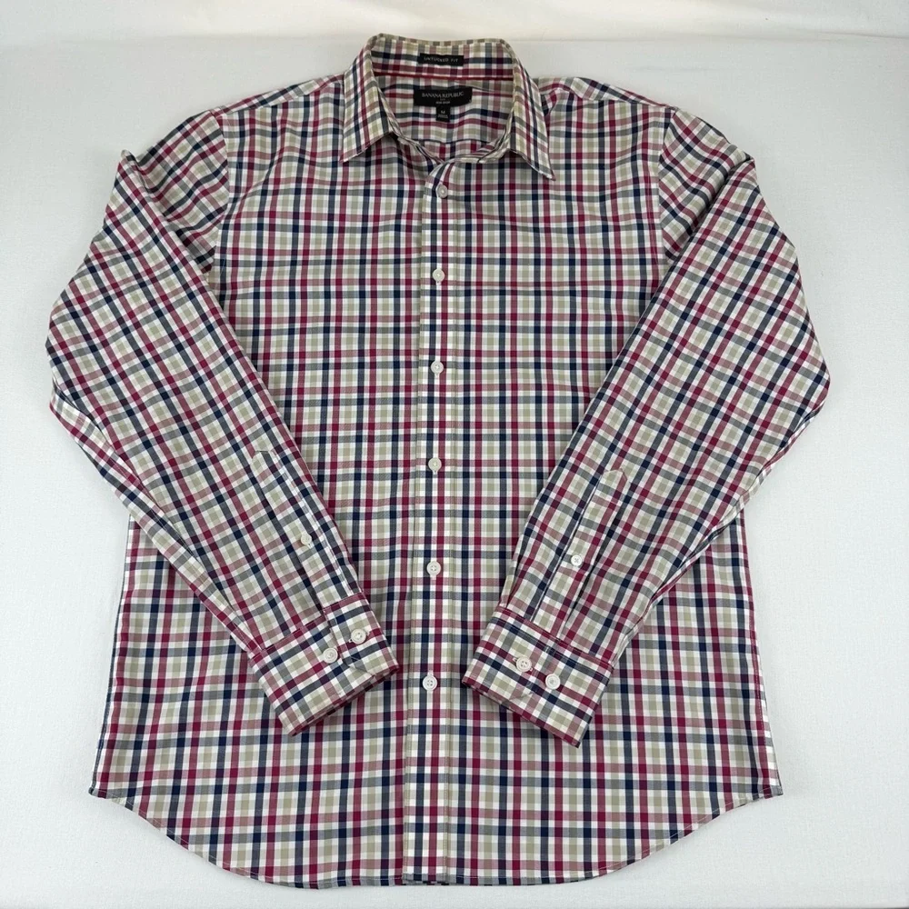 Banana Republic Untucked Fit Non-Iron, Slim Fit M Red/White/Blue Button-up Shirt